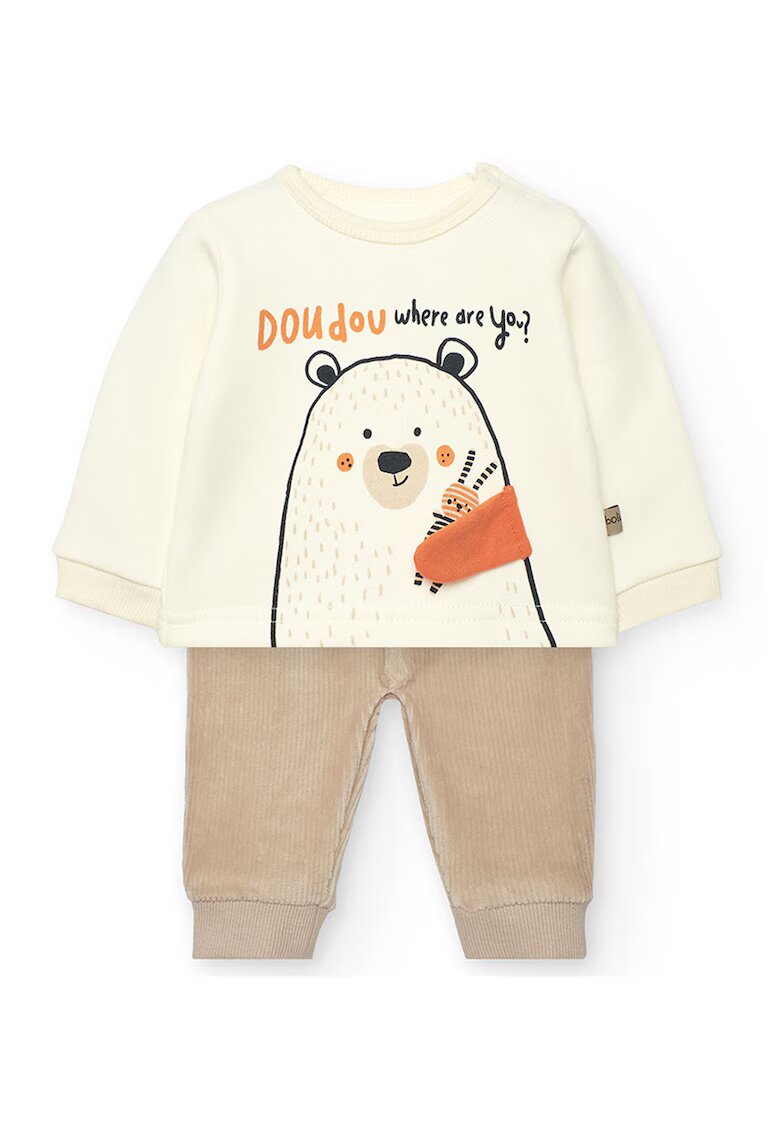 boboli Set de bluza si pantaloni din reiat - 2 Piese - Alb/Maro nisip