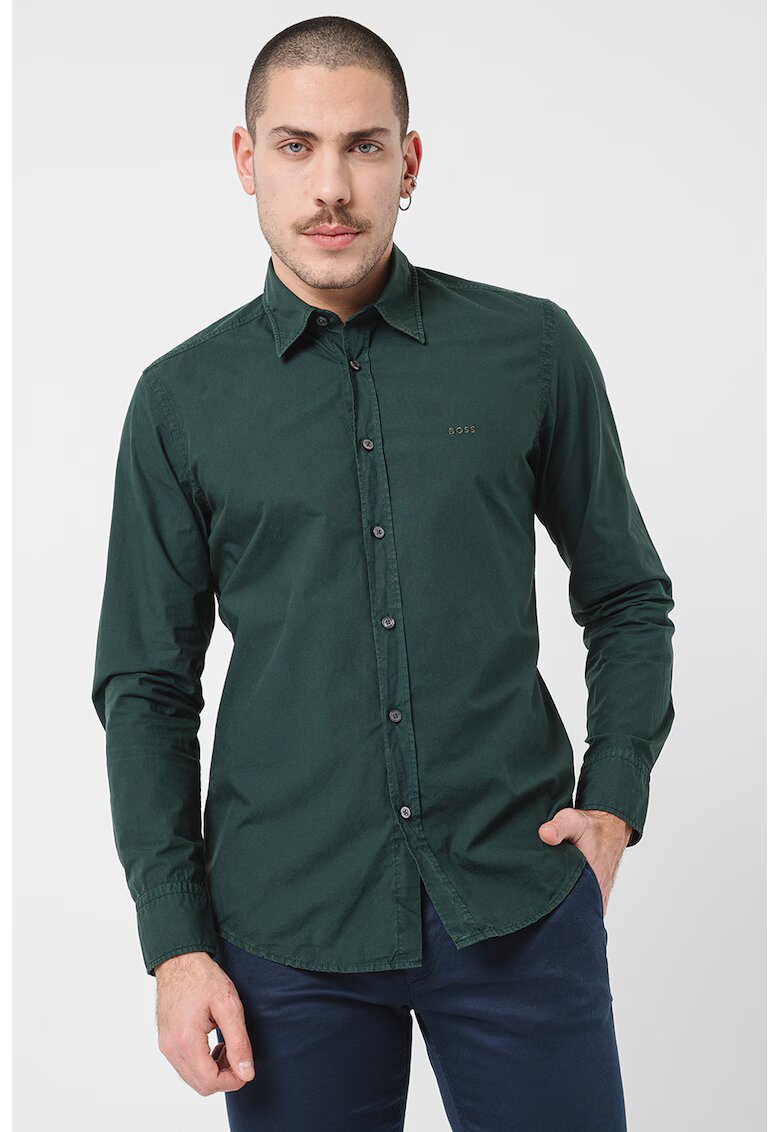 Boss Camasa regular fit de bumbac cu logo brodat - Verde englez
