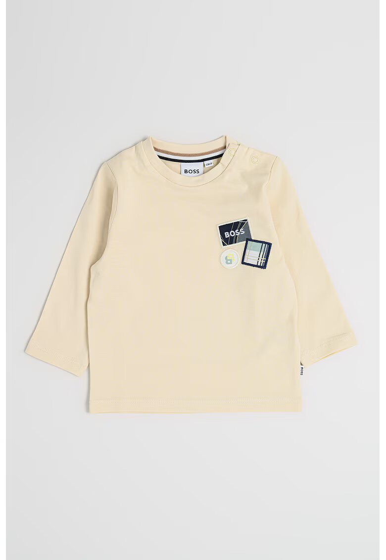 BOSS Kidswear Bluza de bumbac cu decolteu la baza gatului si logo - Albastru ultramarin/Bej