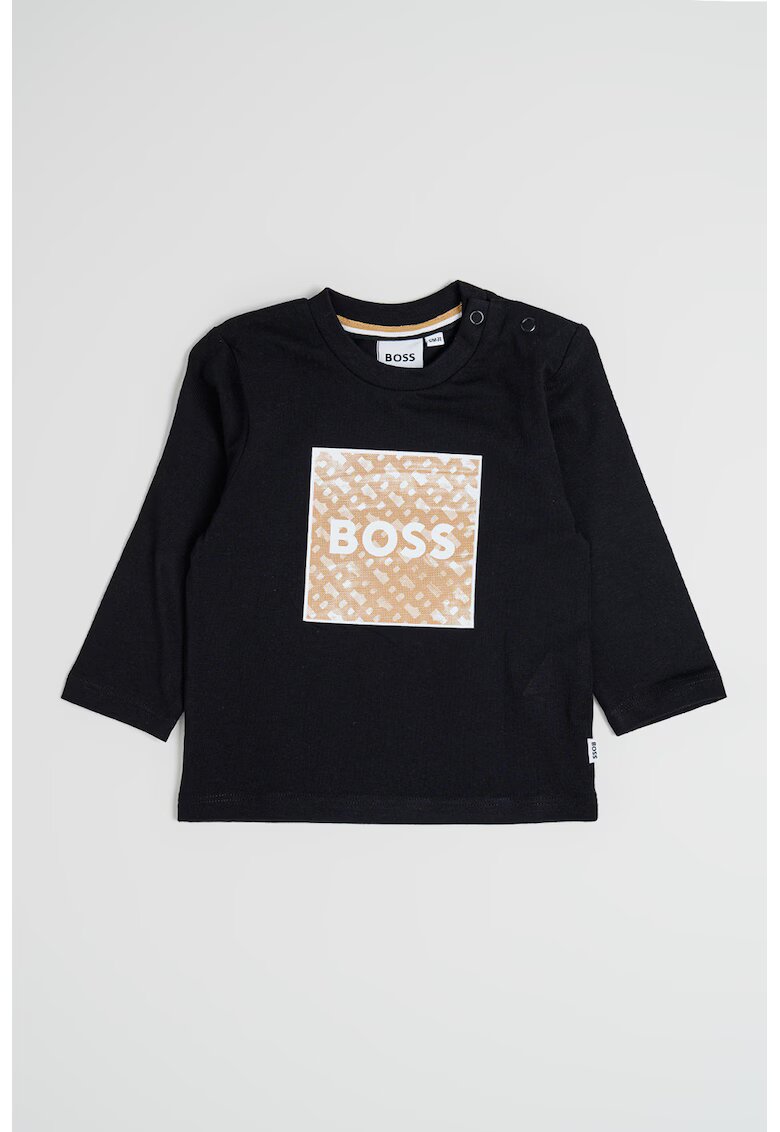 BOSS Kidswear Bluza de bumbac cu decolteu la baza gatului si logo - Negru/Maro deschis