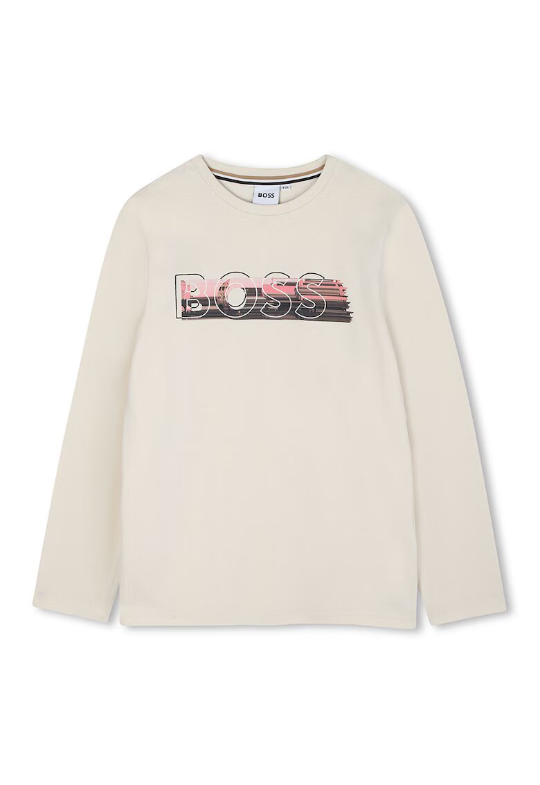 BOSS Kidswear Bluza din bumbac cu decolteu la baza gatului si logo - Alb fildes