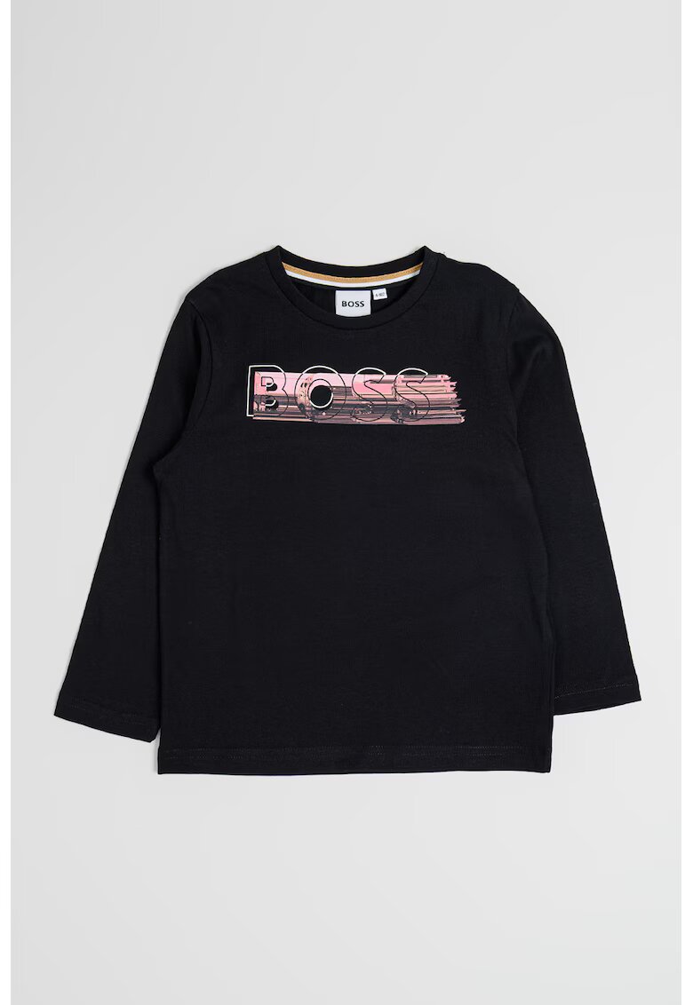 BOSS Kidswear Bluza din bumbac cu decolteu la baza gatului si logo - Negru/Roz deschis