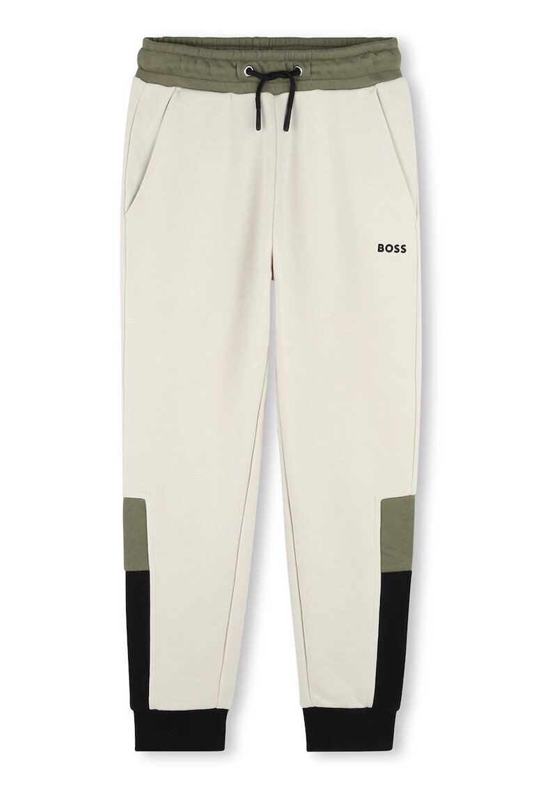 BOSS Kidswear Pantaloni de trening cu snur si model colorblock - Crem/Verde sparanghel
