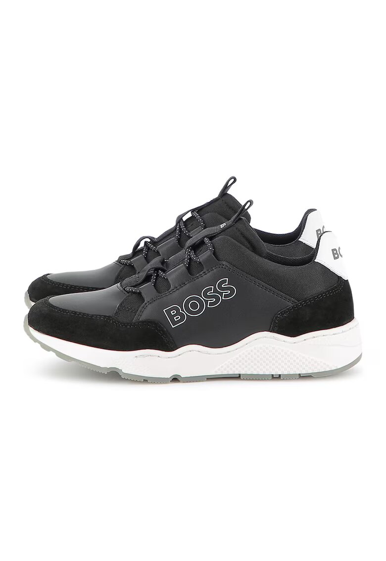 BOSS Kidswear Pantofi sport din piele ecologica cu logo - Negru/Gri inchis