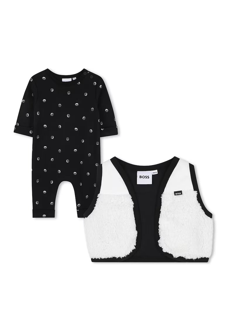 BOSS Kidswear Set de salopeta cu model logo si vesta din material teddy - 2 Piese - Alb/Negru