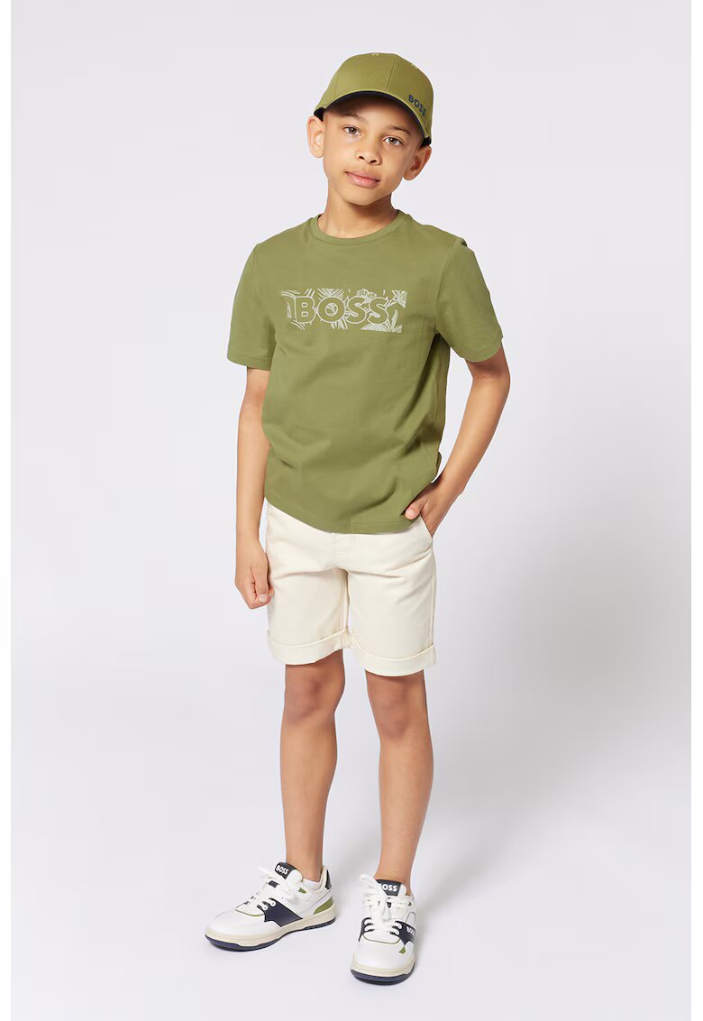 BOSS Kidswear Tricou cu decolteu la baza gatului si logo - Kaki