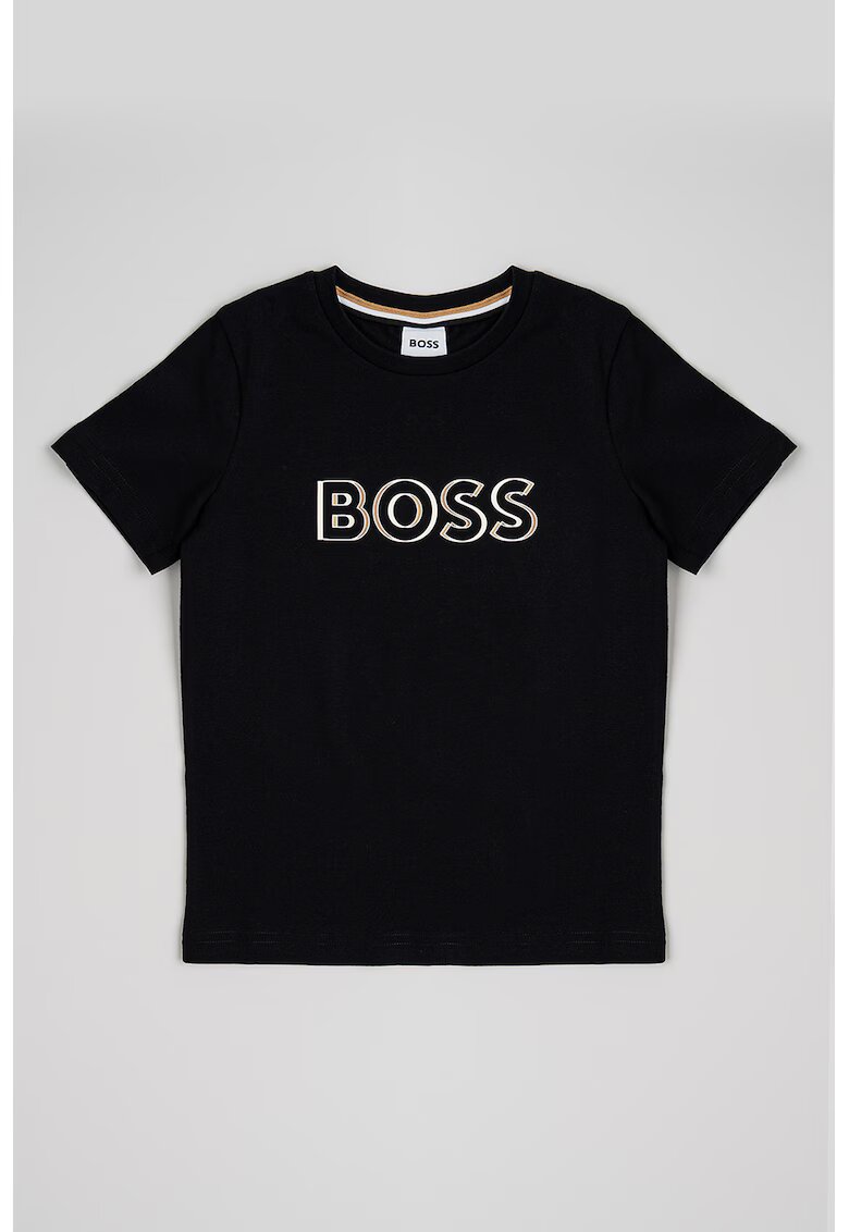 BOSS Kidswear Tricou de bumbac cu logo - Alb fildes/Negru/Maro