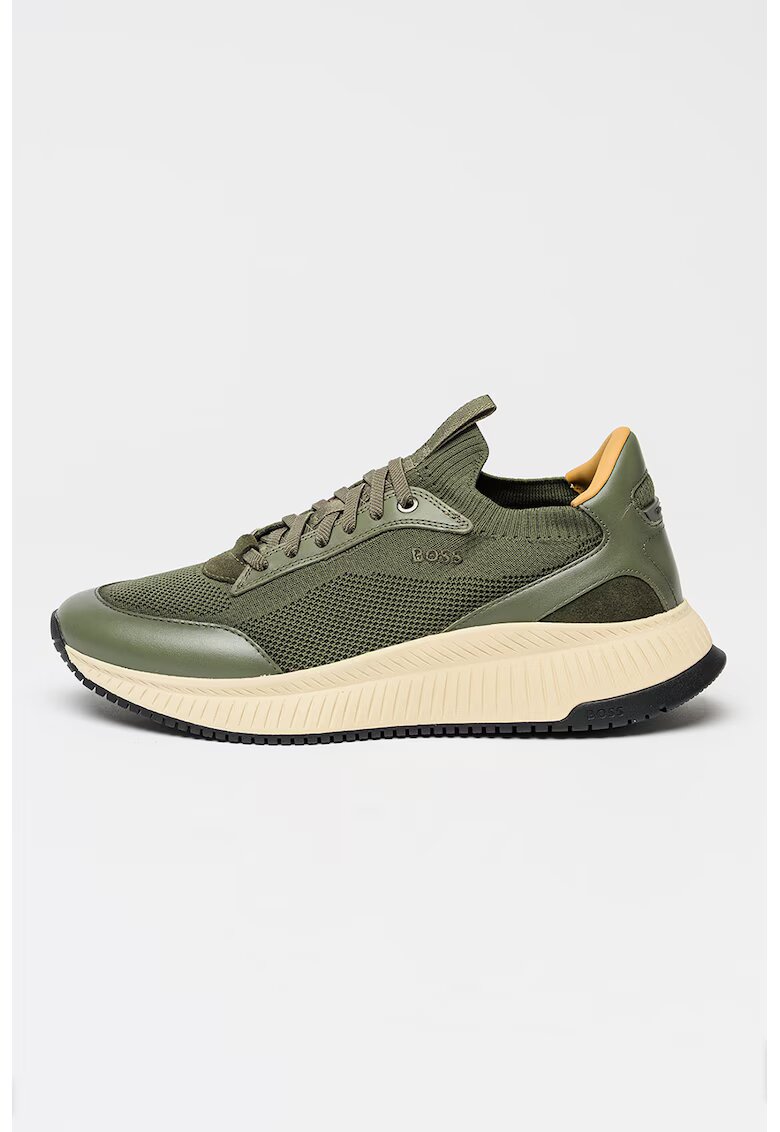 Boss Pantofi sport tricotati cu talpa wedge si insertii din piele - Verde deschis