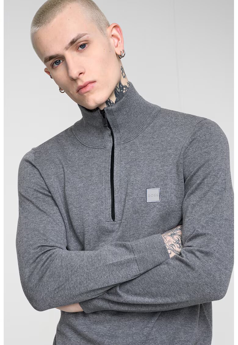 Boss Pulover cu fenta cu fermoar si guler inalt Kanobix - Gri melange/Gri inchis