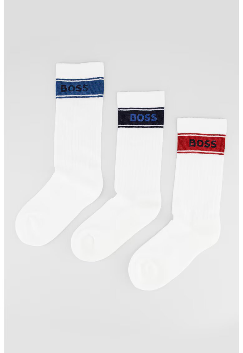 Boss Set de sosete lungi cu detaliu logo - 3 perechi - Alb/Albastru ultramarin/Rosu inchis