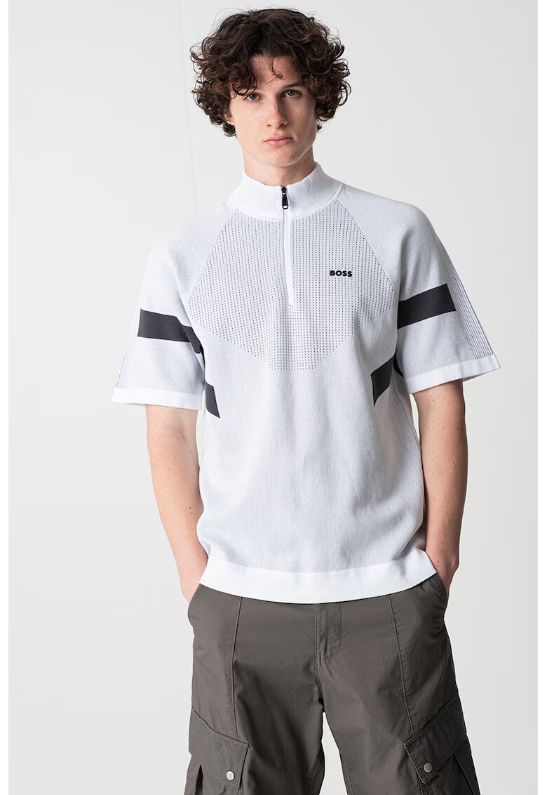 Boss Tricou cu fenta cu fermoar - Alb optic/Gri deschis melange/Gri inchis