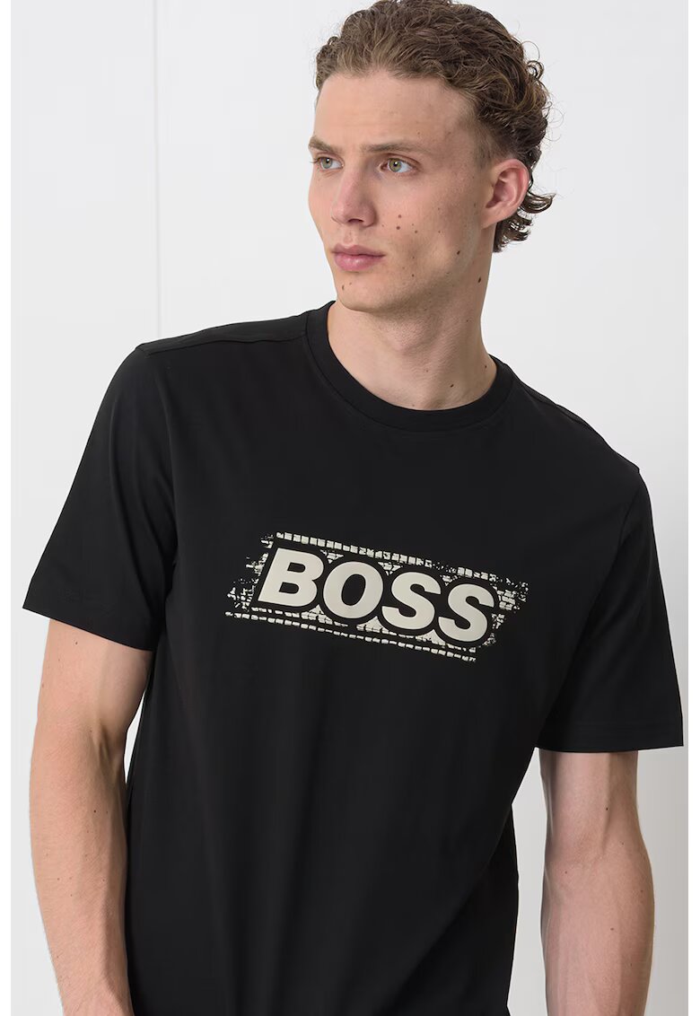 Boss Tricou cu imprimeu logo si decolteu la baza gatului - Negru/Alb optic