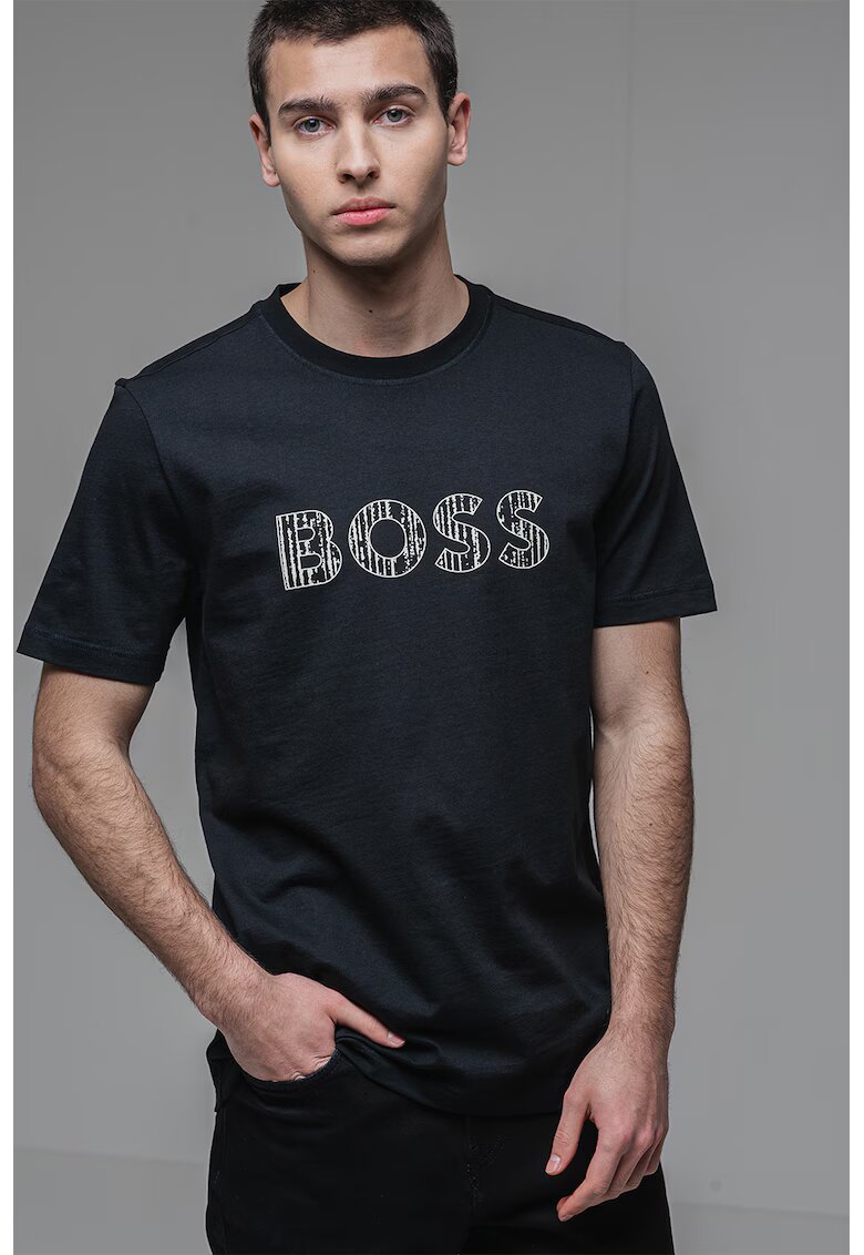Boss Tricou cu imprimeu logo si decolteu la baza gatului - Negru/Crem