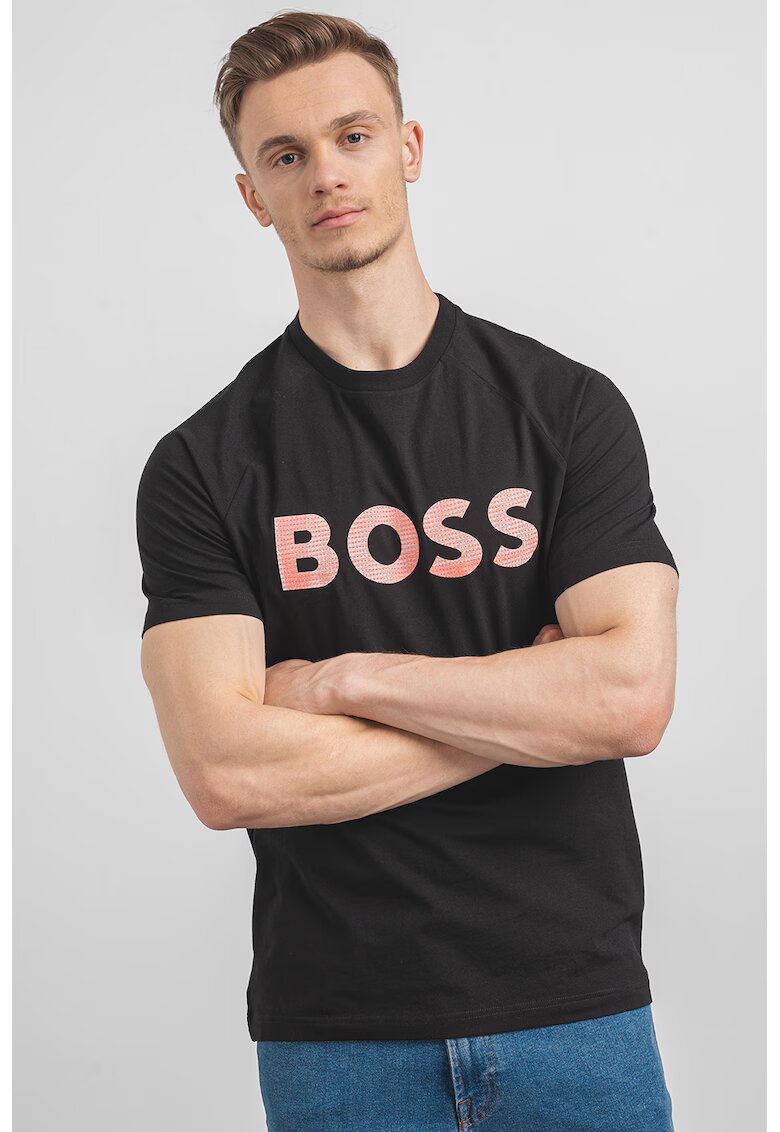 Boss Tricou cu imprimeu logo si maneci raglan Teebero - Negru/Portocaliu