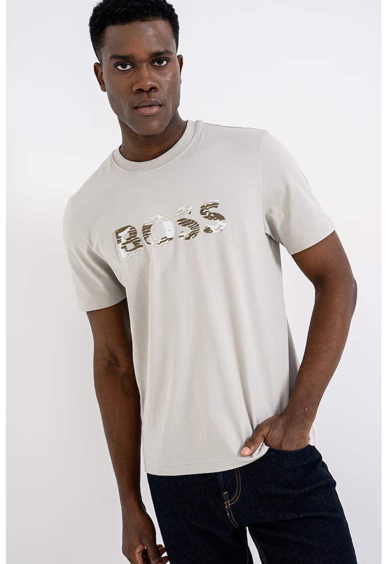 Boss Tricou de bumbac cu imprimeu logo - Maro nisip