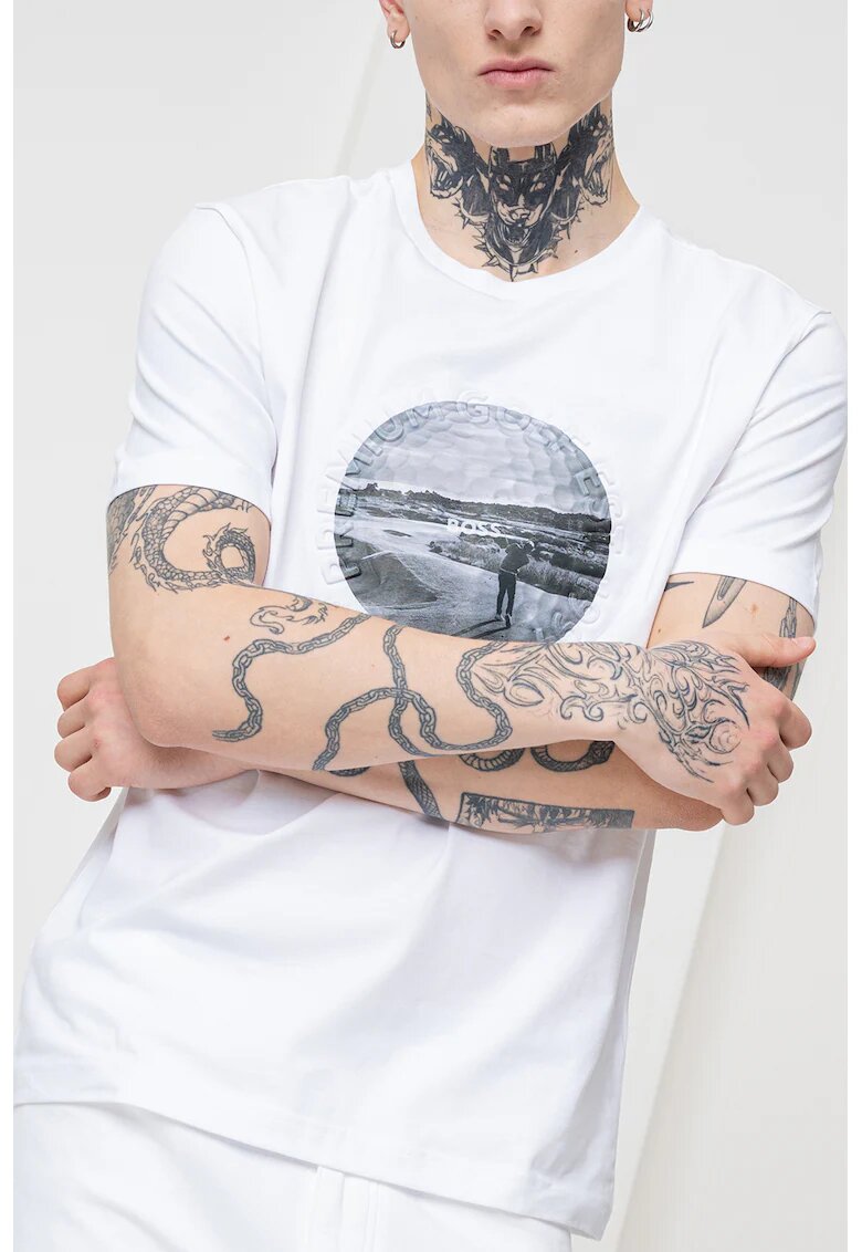 Boss Tricou din amestec de bumbac cu imprimeu foto Heritage - Alb