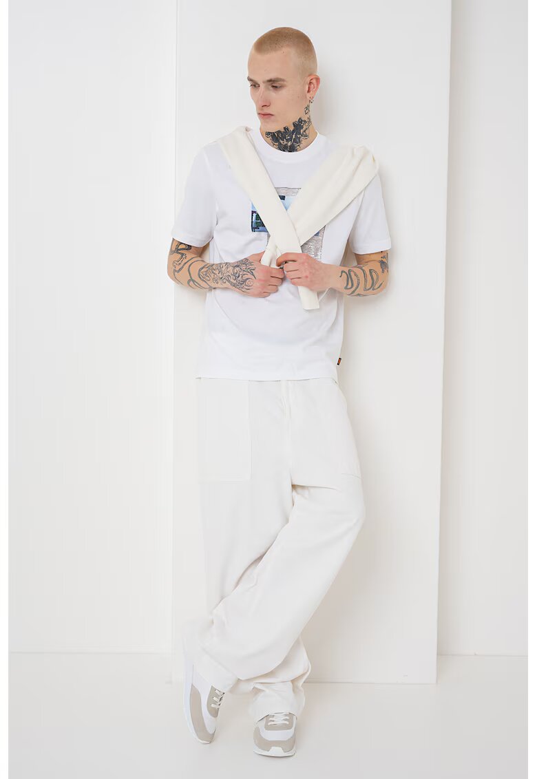 Boss Tricou din bumbac cu decolteu la baza gatului si model grafic - Alb optic