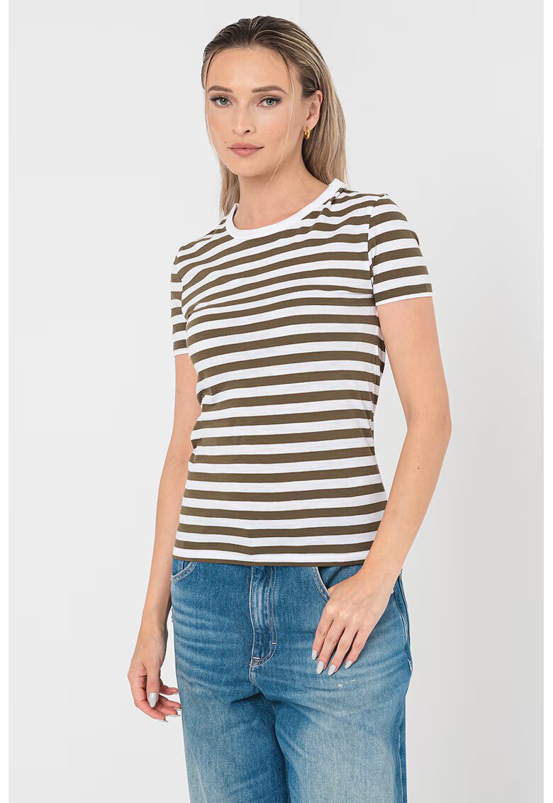 Boss Tricou din bumbac cu model in dungi - Alb/Kaki