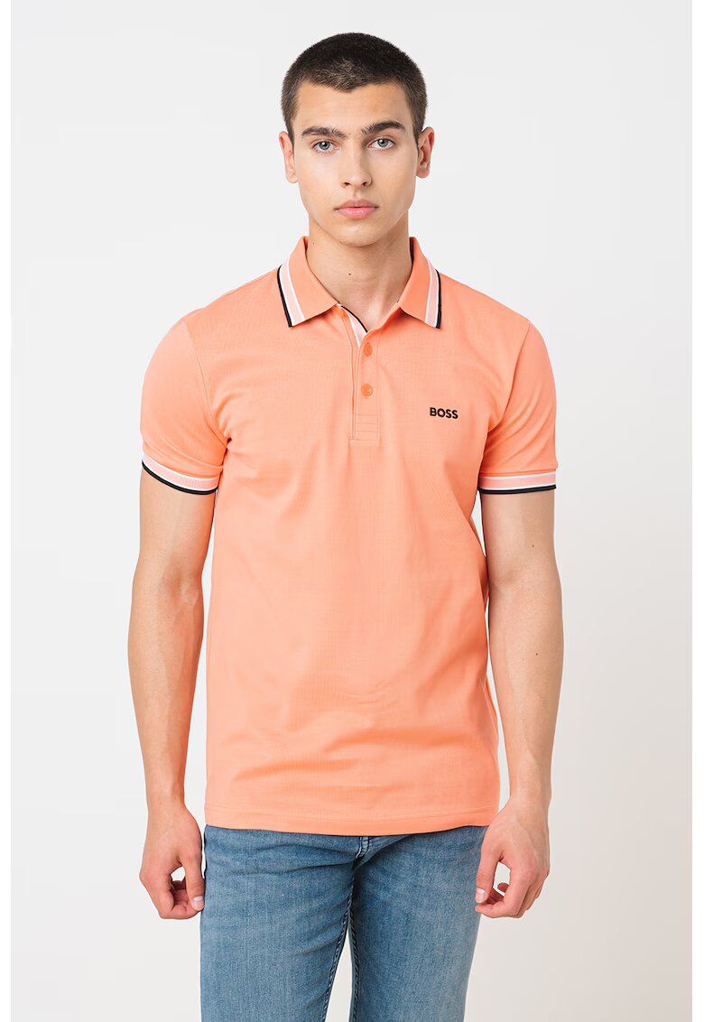 Boss Tricou polo regular fit din bumbac pique cu margini contrastante Paddy - Alb/Negru/Coral