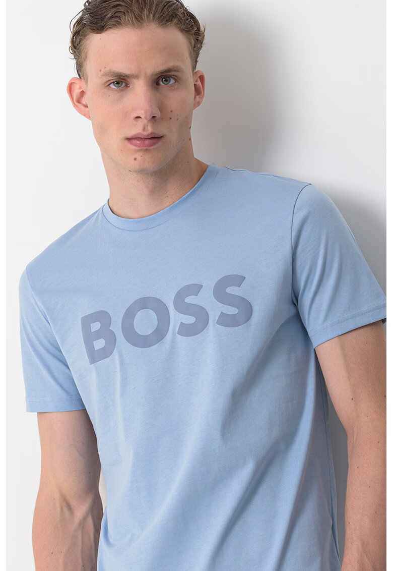 Boss Tricou regular fit cu imprimeu logo cauciucat Thinking - Albastru lavanda/Portocaliu mandarina