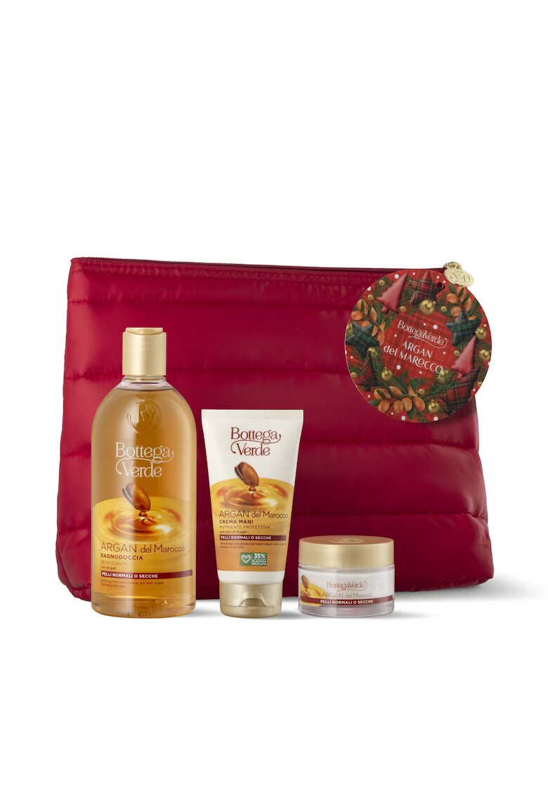 Bottega Verde Set Cadou Ingrijire Delicata Corp - Gel de Dus - Crema de Maini si Crema de Fata - cu Aroma Orientala de Argan - in Ambalaj Textil - Argan del Marocco - Hidrateaza si Curata Pielea - Ideal pentru Ingrijire Zilnica - 400 ML - 50 ML - 75 ML