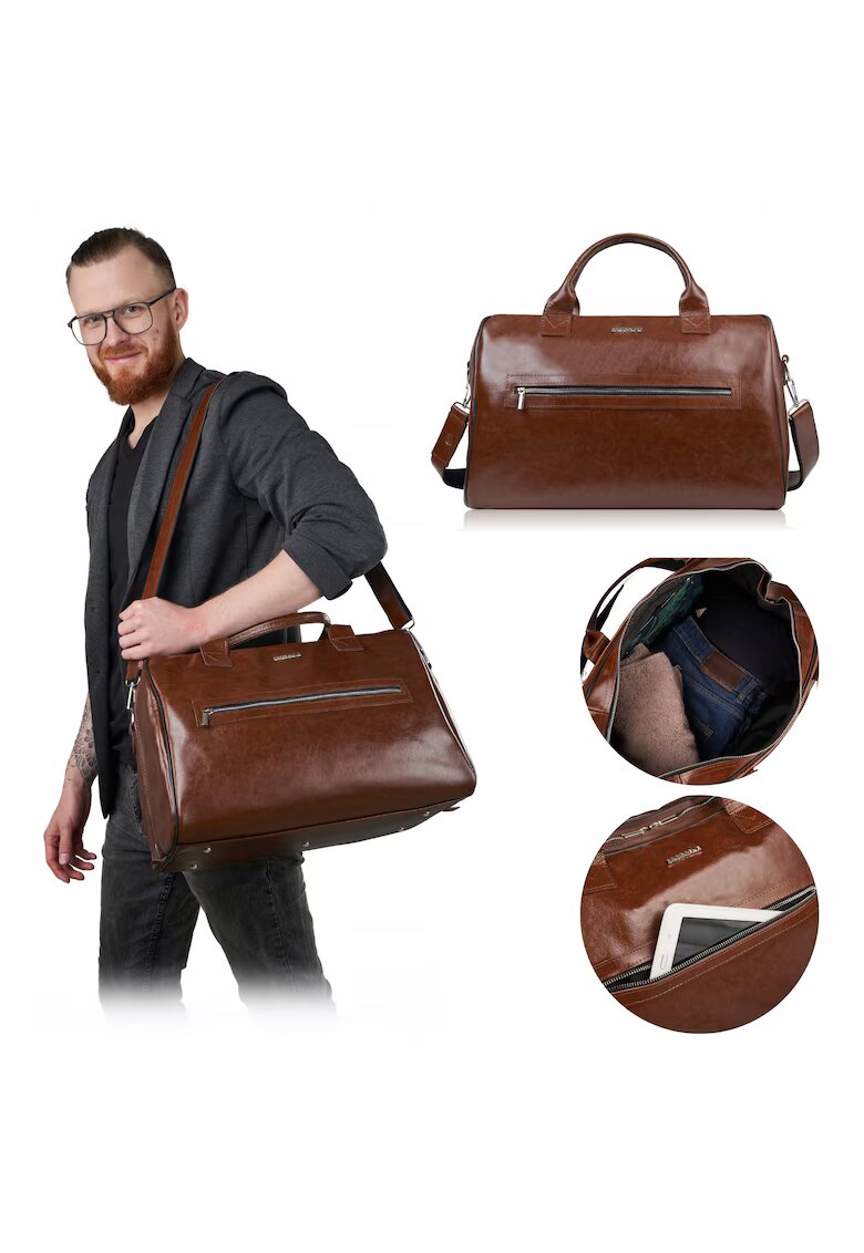 Brodrene Geanta de voiaj - brødrene - r60 - universala - piele - eleganta - geanta de umar - cu curea reglabila - coniac - productie poloneza - material: piele naturala tabacita vegetal - inaltime 29 cm - latime 44 cm - adancime 26 cm - fermoar dublu met ...