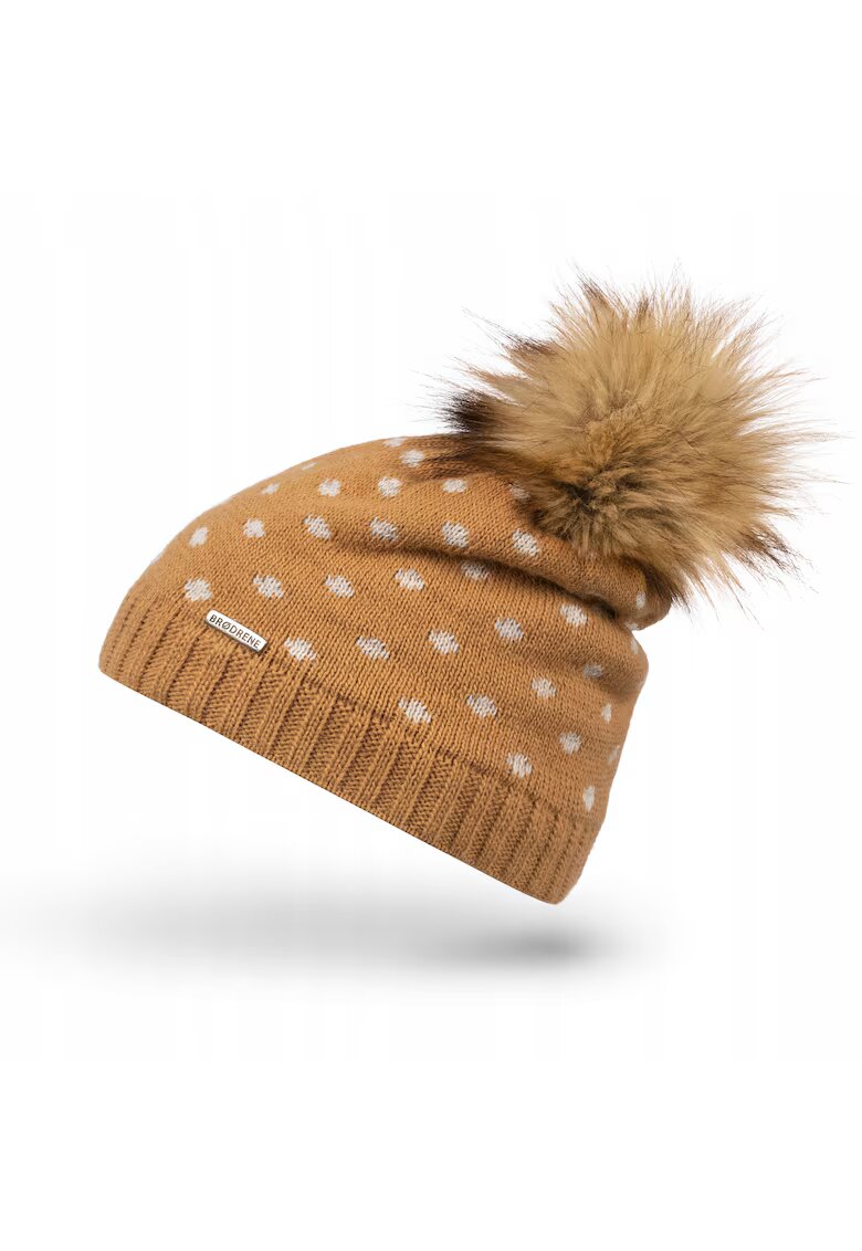 Broedrene Caciula cu ciucure dama - Brodrene - Model cu buline - Acril - 55-58 cm - Maro deschis