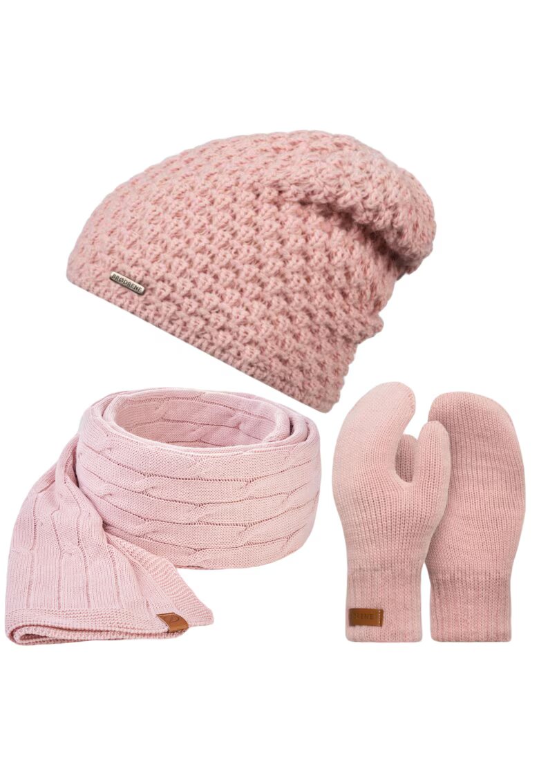 Broedrene Set 3 in 1 dama - Brodrene - Caciula + fular + manusi - Acril - Circumferinta 55-58 cm - Fular 170 x 40 cm - Roz