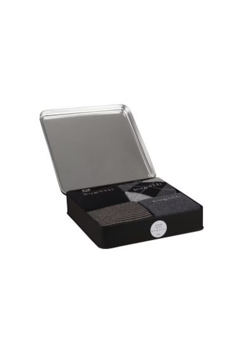 Bugatti Set 4 perechi de sosete pentru barbati - lungi - 61111X - cutie cadou metalica - negre - Negru | gri