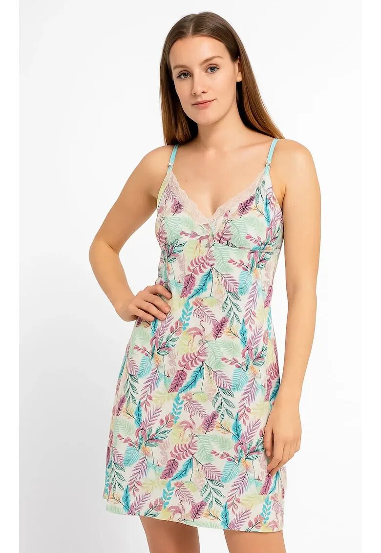 Bumbacel 100 COTTON Camasa de noapte cu bretele si imprimeu floral - din bumbac - Roz