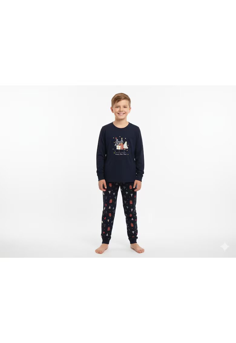 Bumbacel 100 COTTON Pijama cu imprimeu de Craciun - din bumbac - pentru baieti - Albastru