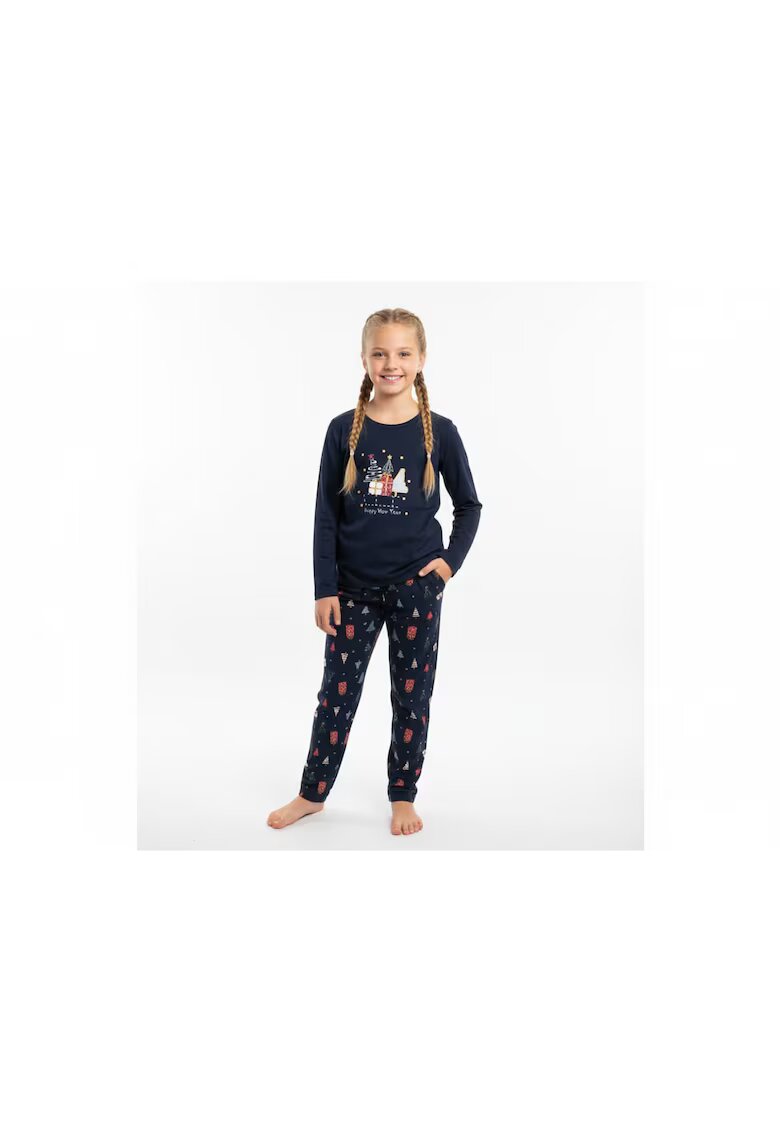 Bumbacel 100 COTTON Pijama cu imprimeu de Craciun - din bumbac - pentru fete - Albastru