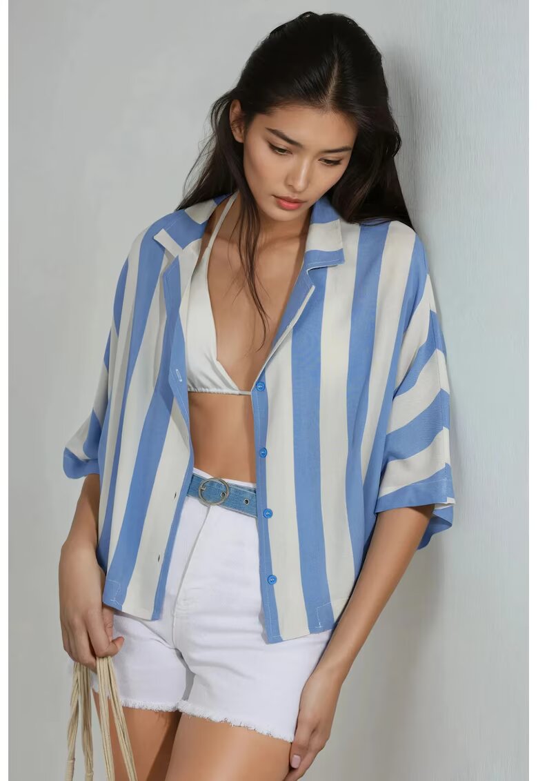Busem Camasa dama - cu dungi si nasturi - albastru deschis/alb - textil