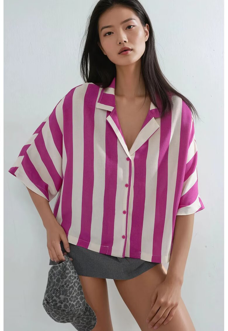 Busem Camasa dama - cu nasturi si dungi - roz magenta/alb - textil