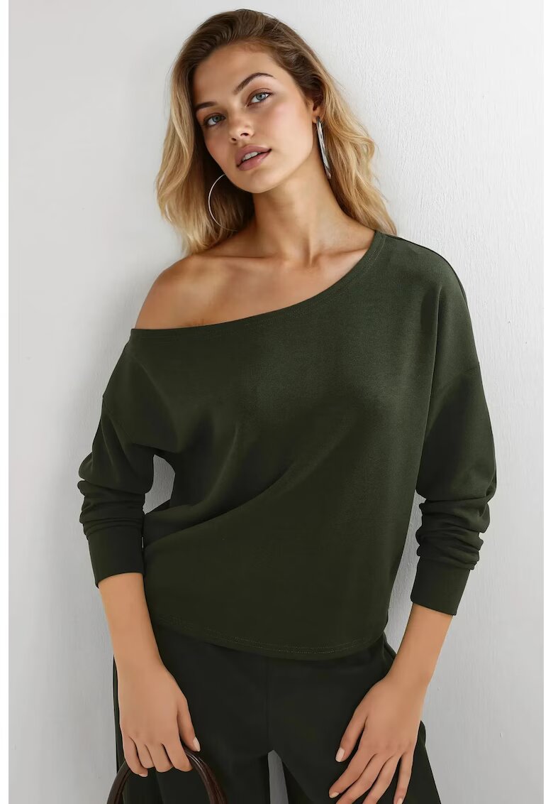 Busem Hanorac femei - guler asimetric - croiala relaxata - verde padure - textil