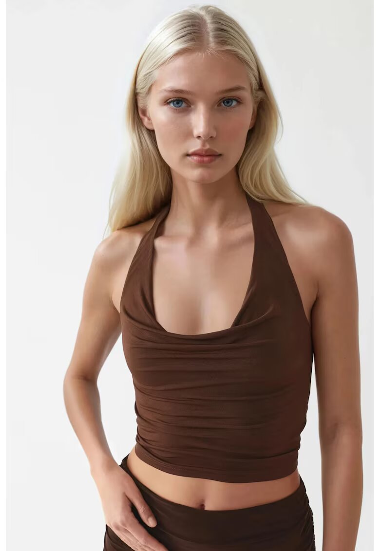 Busem Maiou scurt dama decolteu halter - slim fit - poliester/elastan - maro mocha