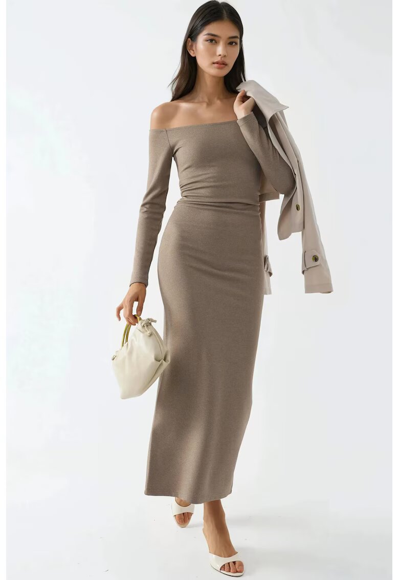 Busem Rochie Maxi Bodycon fara umeri - bej - jerseu