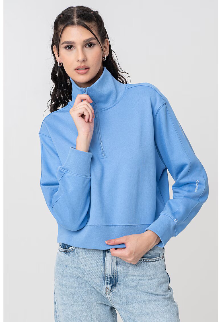 Calvin Klein Bluza cu fermoar scurt pentru antrenament - Albastru pastel/Alb optic