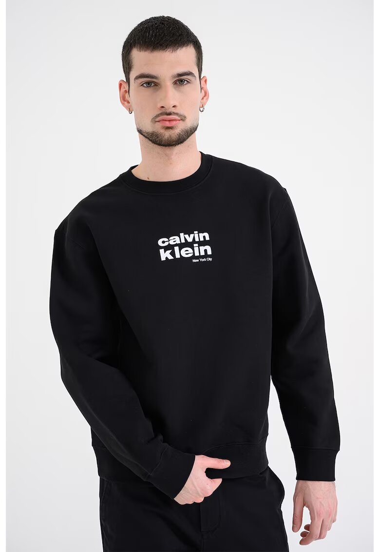 Calvin Klein Bluza de trening din amestec de bumbac cu imprimeu logo - Negru