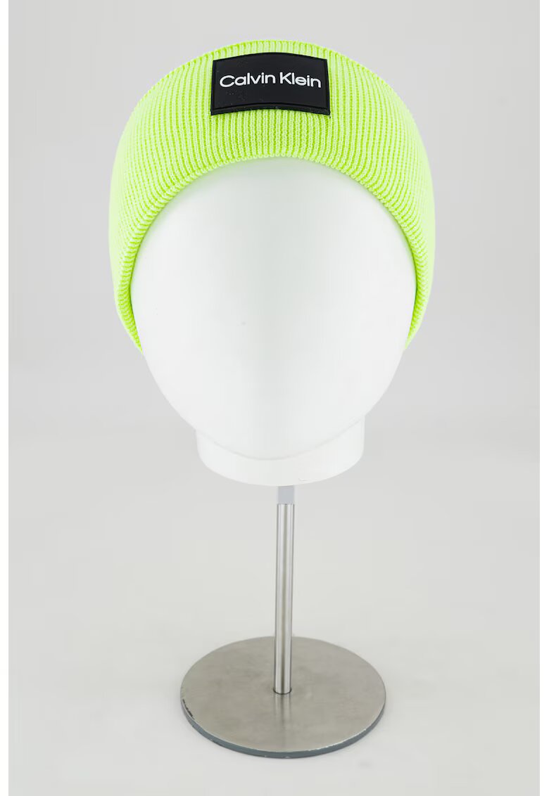 Calvin Klein Caciula din bumbac organi cu aspect striat si logo - Galben neon