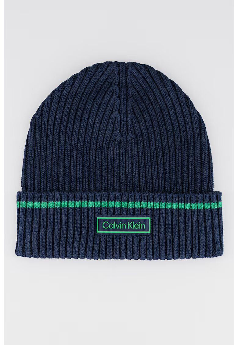 Calvin Klein Caciula striata din amestec de bumbac organic cu aplicatie logo - Verde/Bleumarin