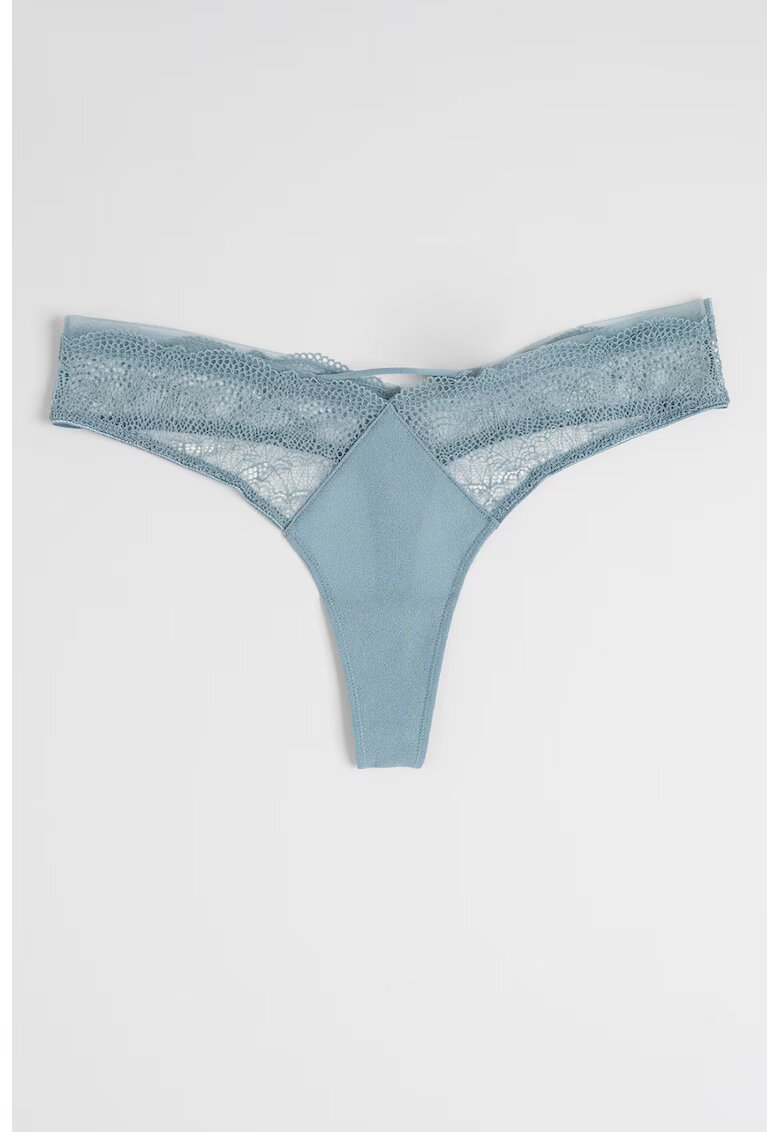 Calvin Klein Chiloti tanga cu garnituri de dantela - Albastru prafuit