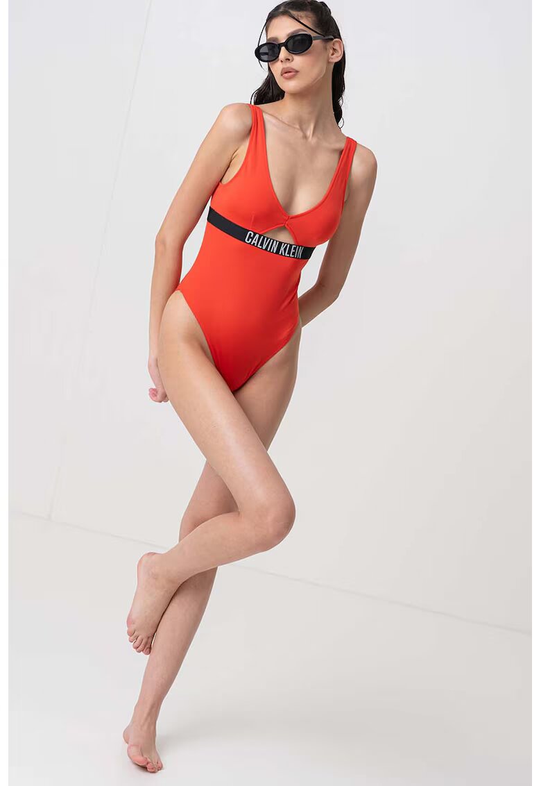 Calvin Klein Costum de baie intreg cu detaliu logo - Negru/Portocaliu mandarina