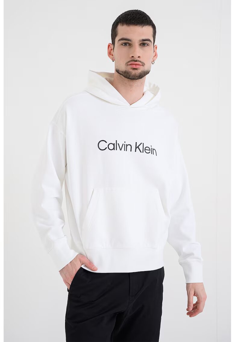 Calvin Klein Hanorac cu imprimeu logo si buzunar kangaroo - Negru/Alb optic