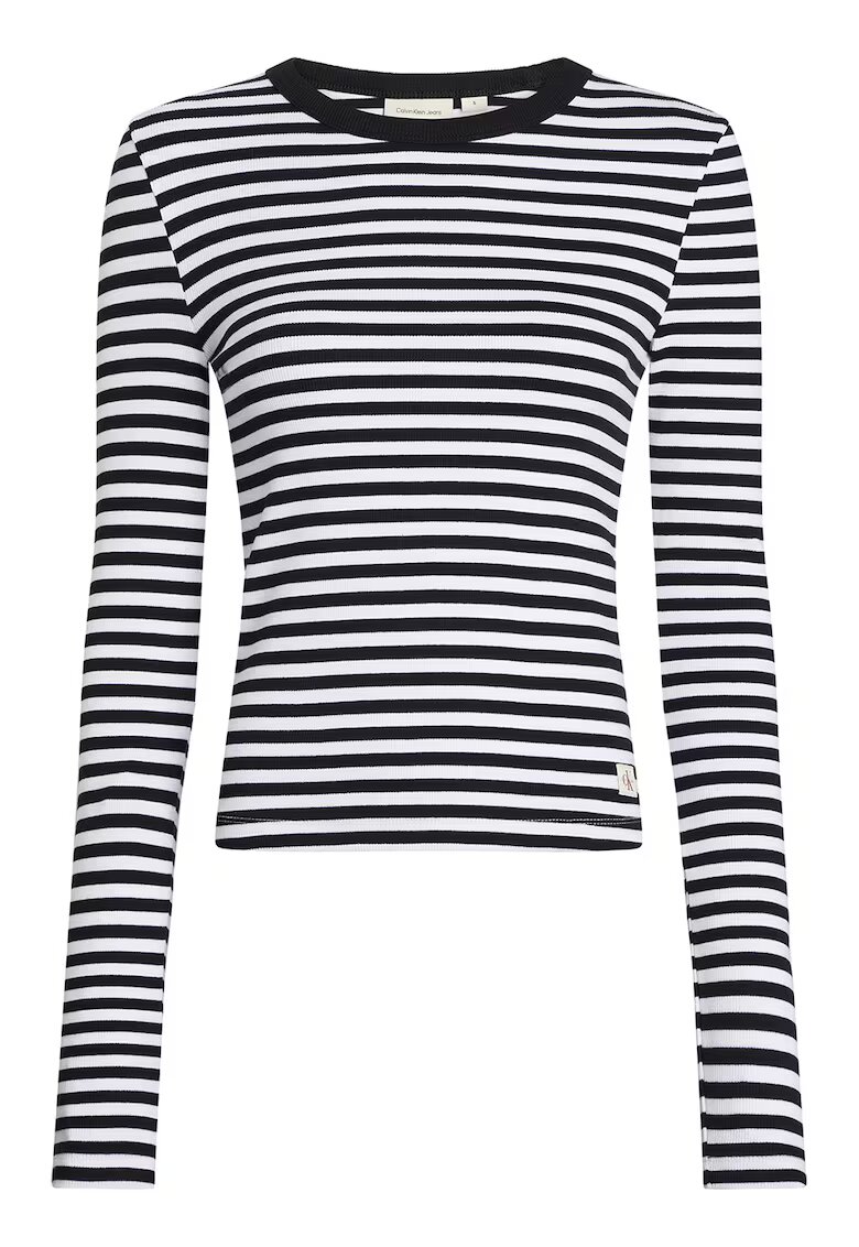 Calvin Klein Jeans Bluza din amestec de bumbac cu decolteu rotund - Alb/Negru