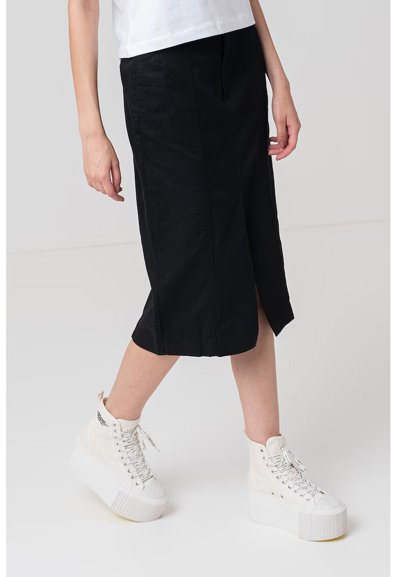 Calvin Klein Jeans Fusta midi de in si bumbac cu slit frontal - Negru