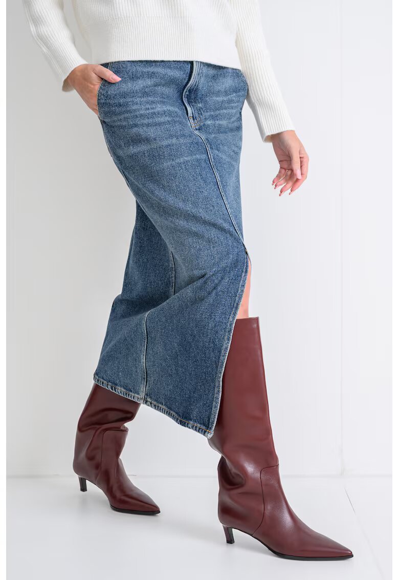 Calvin Klein Jeans Fusta midi din denim cu slit frontal - Albastru inchis