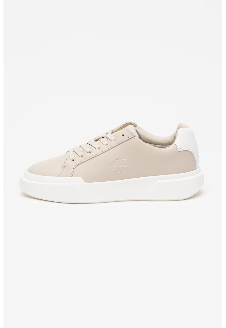 Calvin Klein Jeans Pantofi sport de piele cu sireturi si logo stantat - Alb/Maro nisip