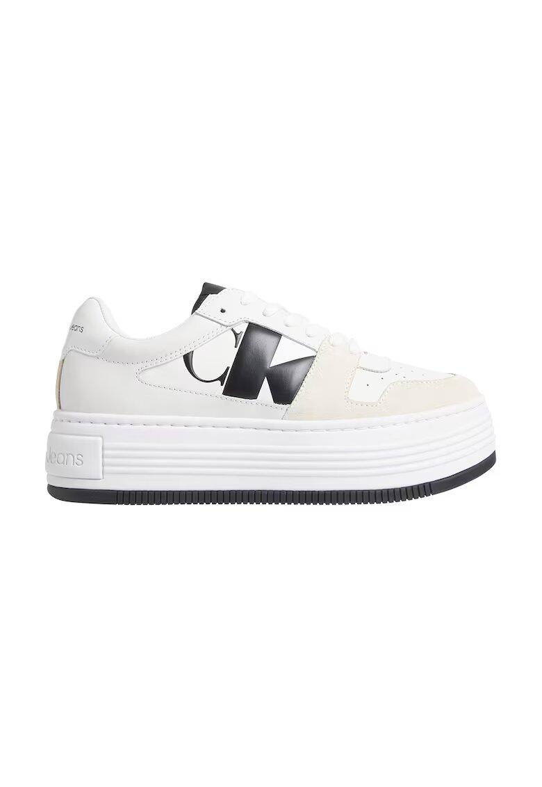Calvin Klein Jeans Pantofi sport flatform de piele si piele intoarsa - Alb fildes/Negru