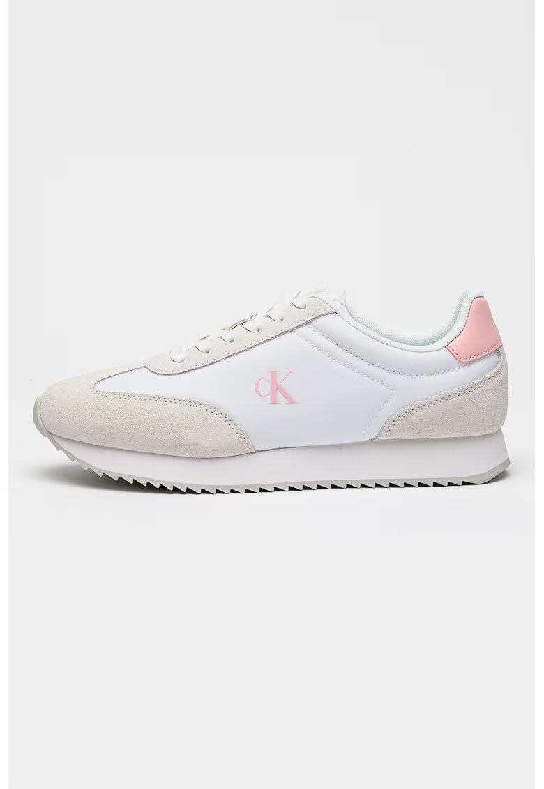 Calvin Klein Jeans Pantofi sport low-cut cu garnituri de piele intoarsa - Alb optic/Roz
